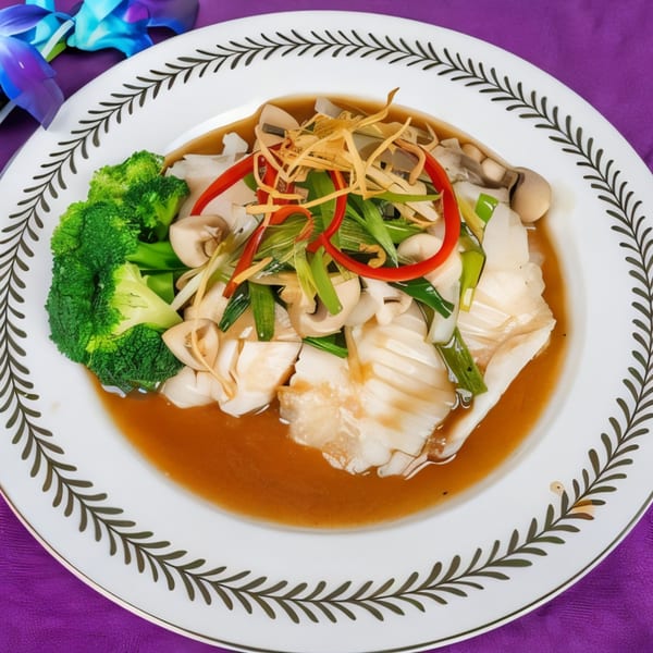 Steamed fish with broccoli, mushrooms, and red peppers in a savory sauce on a white plate.