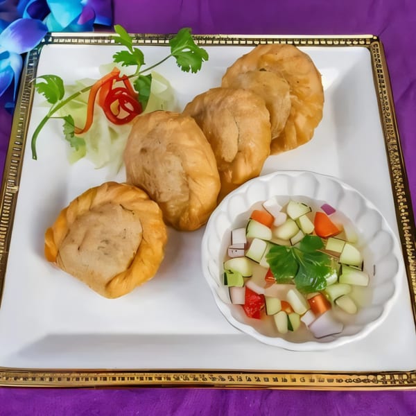 Golden-brown curry puffs with a side of cucumber relish, garnished with cilantro and red pepper.